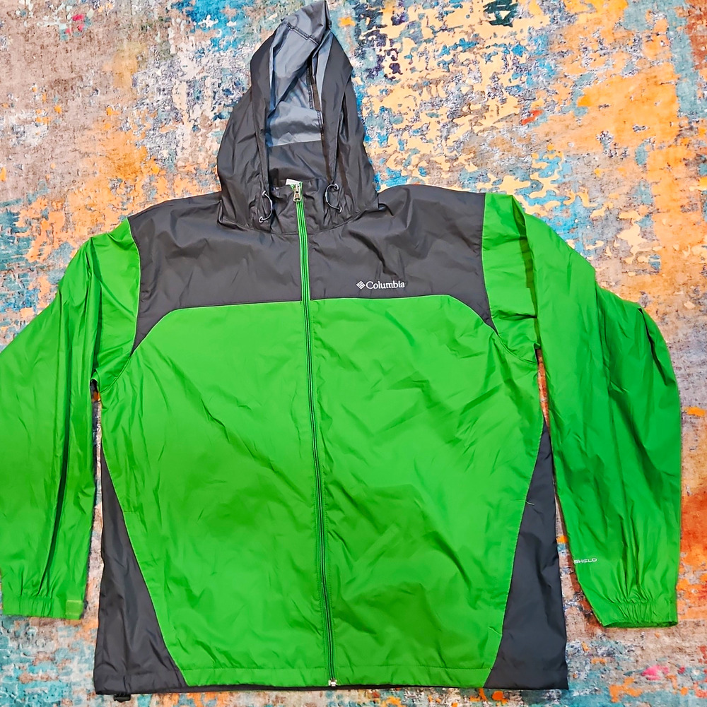 Columbia Men's XL Green/Gray Colorblock Hooded Full Zip Windbreaker Omni-Shield